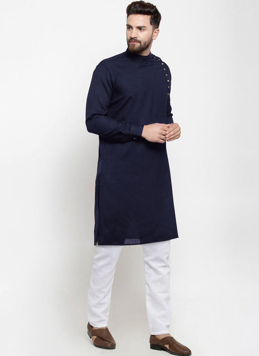 Plain Blended Cotton Navy Blue Kurta Pyjama - M4510