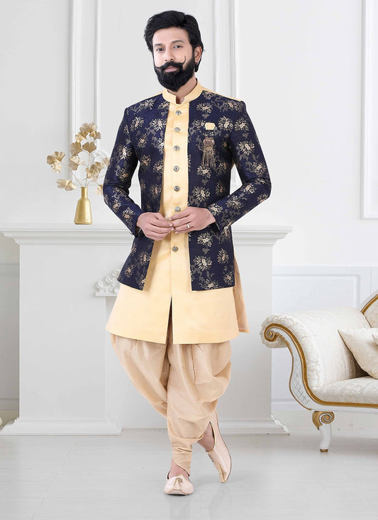 Embroidered Jacquard, Silk Blue, Cream Indo Western - M4189