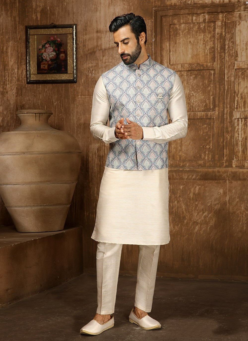 Digital Print Fancy Fabric Blue, Cream Kurta Payjama With Jacket - M4250