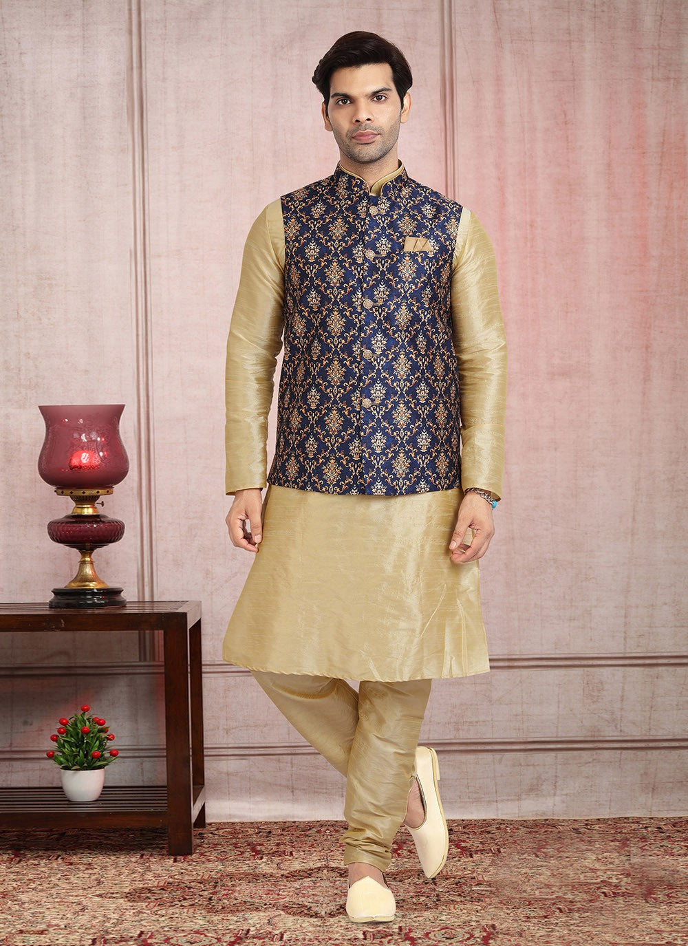 Printed Banarasi Silk Blue, Cream Kurta Payjama With Jacket - M2716