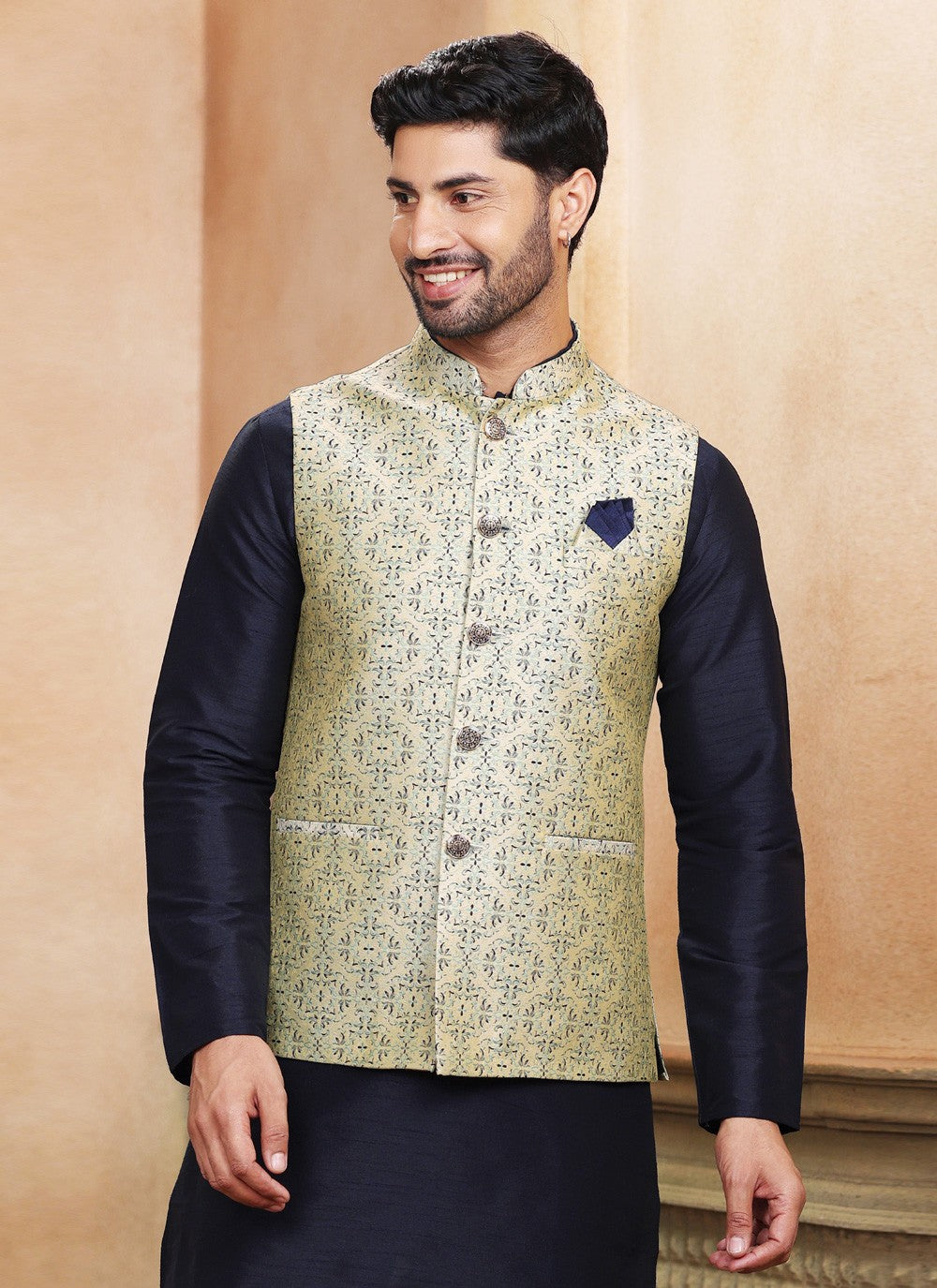 Fancy Work Jacquard Silk Blue, Cream Kurta Payjama With Jacket - M5200