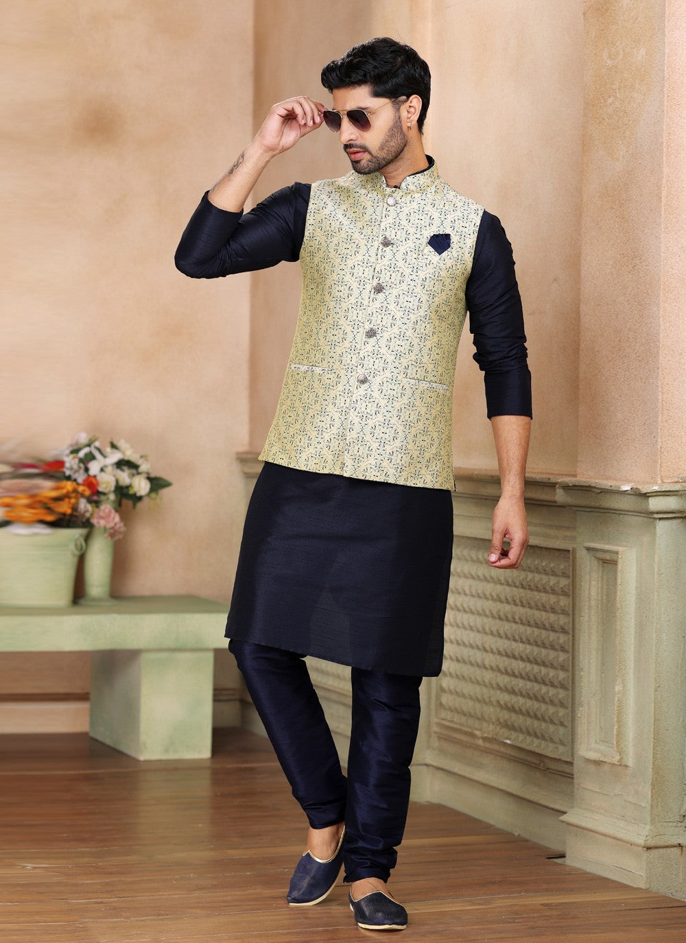 Fancy Work Jacquard Silk Blue, Cream Kurta Payjama With Jacket - M5200