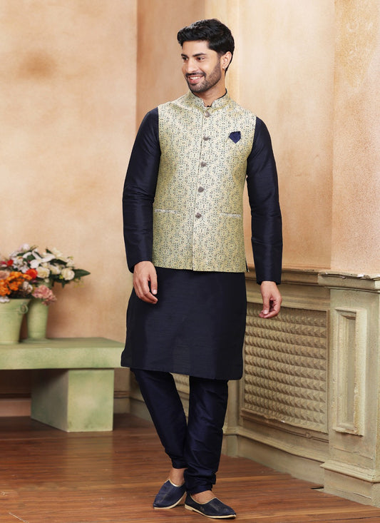 Fancy Work Jacquard Silk Blue, Cream Kurta Payjama With Jacket - M5200