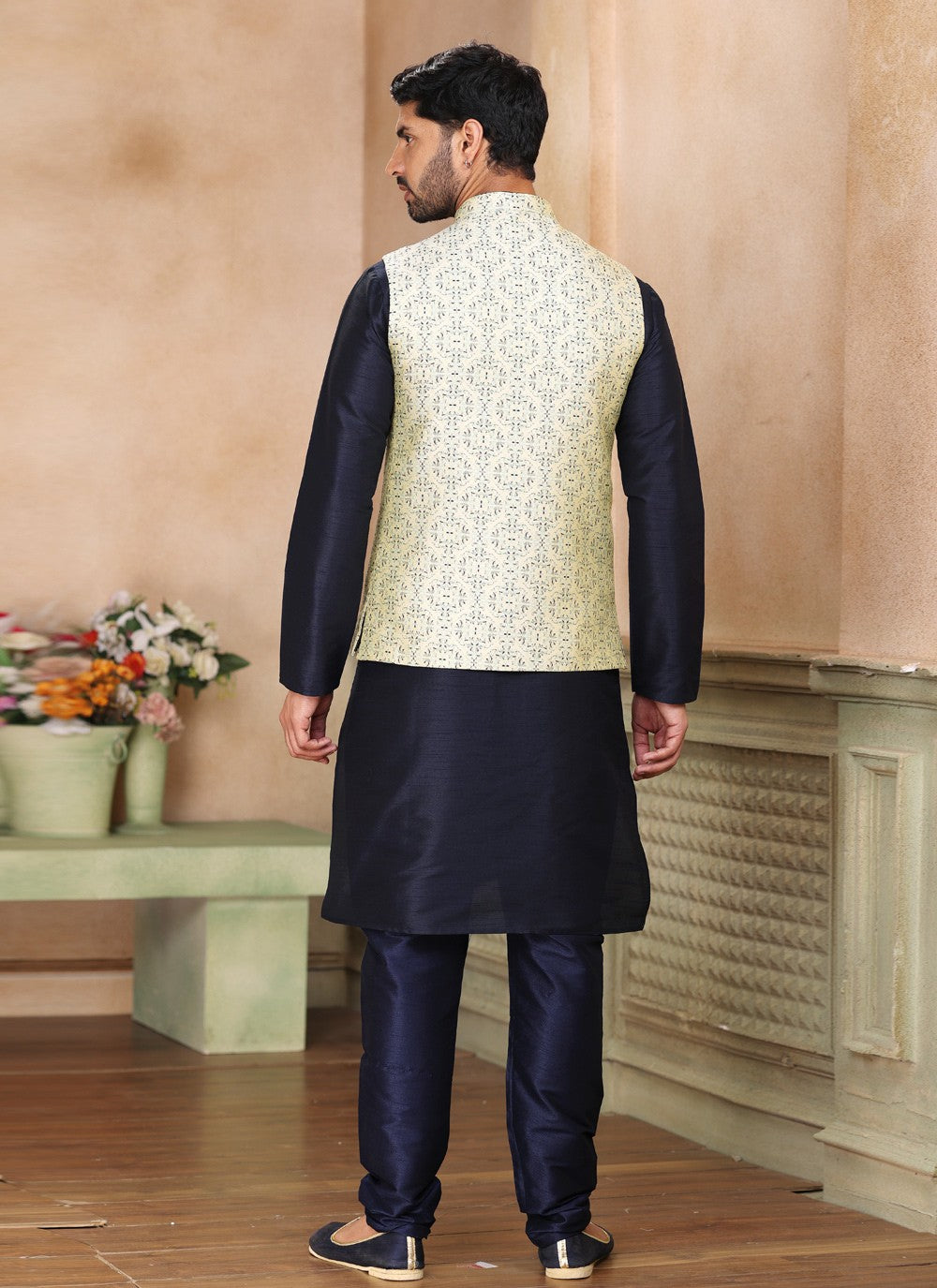 Fancy Work Jacquard Silk Blue, Cream Kurta Payjama With Jacket - M5200