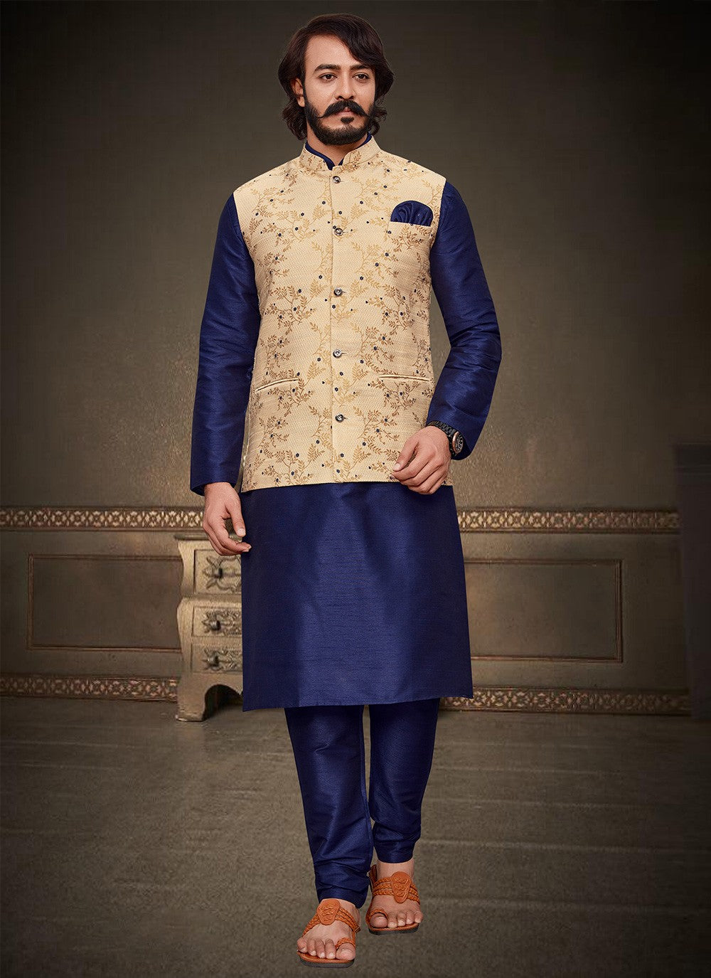 Jacquard Work Art Silk Blue, Cream Kurta Payjama With Jacket - M2423