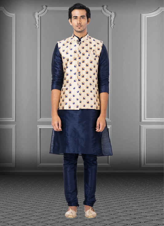 Fancy Work Dupion Silk Blue, Cream Kurta Payjama With Jacket - M3788