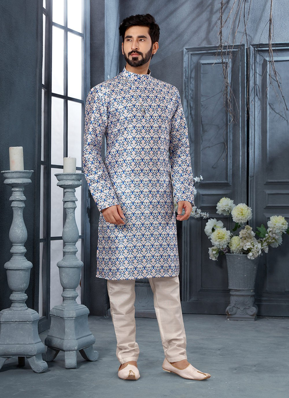 Digital Print Silk Blue, Cream Kurta Pyjama - M3050