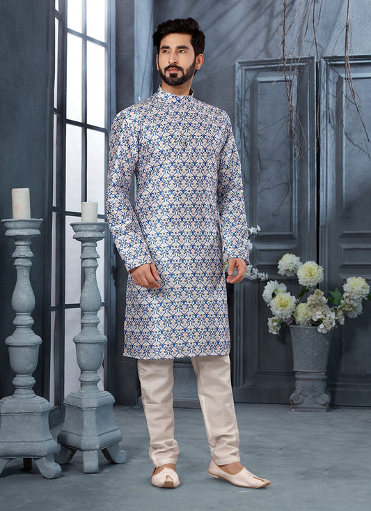 Digital Print Silk Blue, Cream Kurta Pyjama - M3050