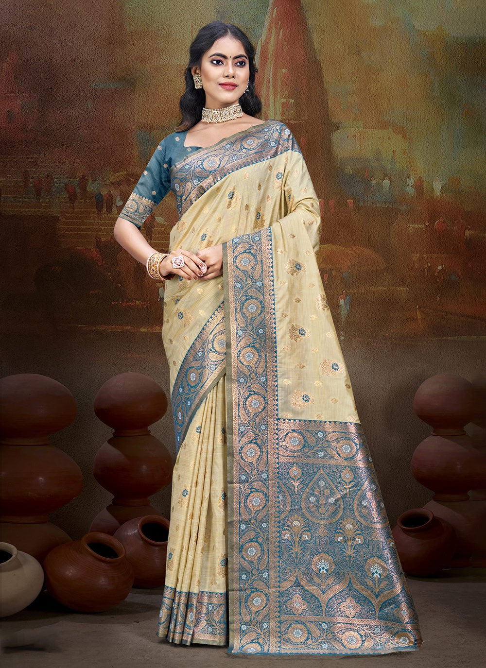 Trendy Weaving Zari Silk Cream, Purple Saree - S11027