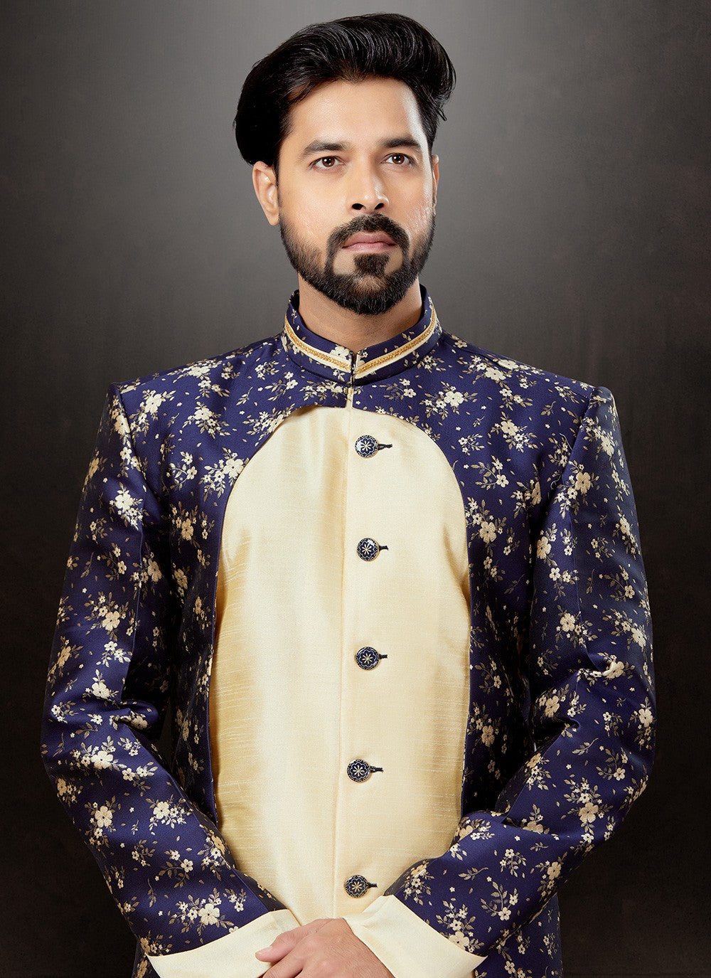 Embroidered Banarasi Jacquard, Dupion Silk Blue, Cream Indo Western Sherwani - M4806