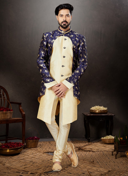 Embroidered Banarasi Jacquard, Dupion Silk Blue, Cream Indo Western Sherwani - M4806