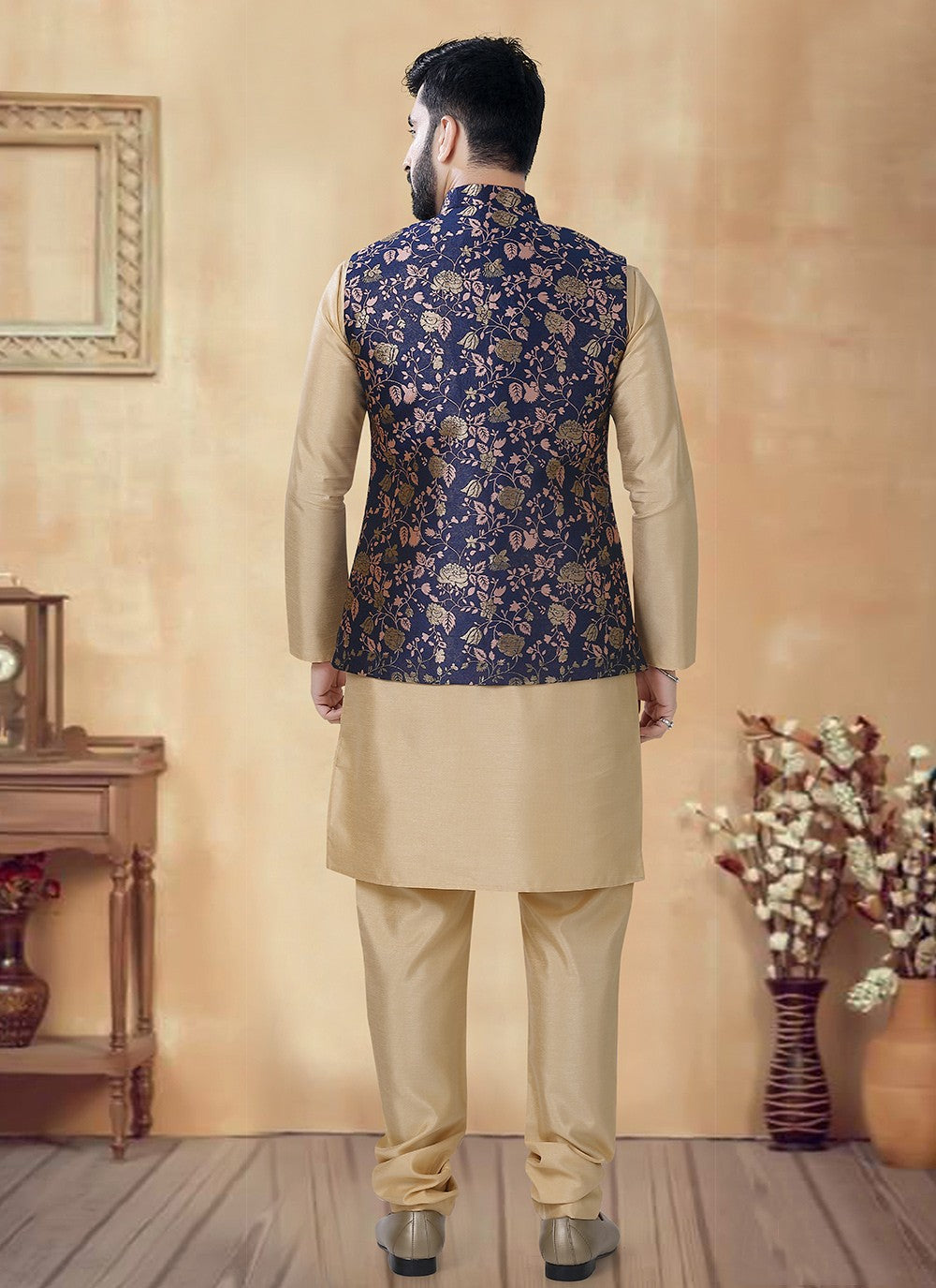 Sequins Silk Blue, Gold Kurta Payjama With Jacket - M8482