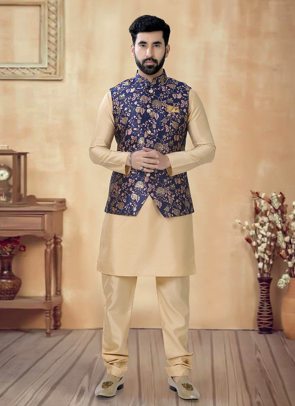 Sequins Silk Blue, Gold Kurta Payjama With Jacket - M8482