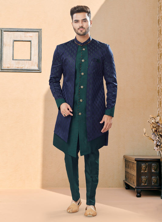 Thread Banarasi Jacquard Blue, Green Indo Western Sherwani - M3935