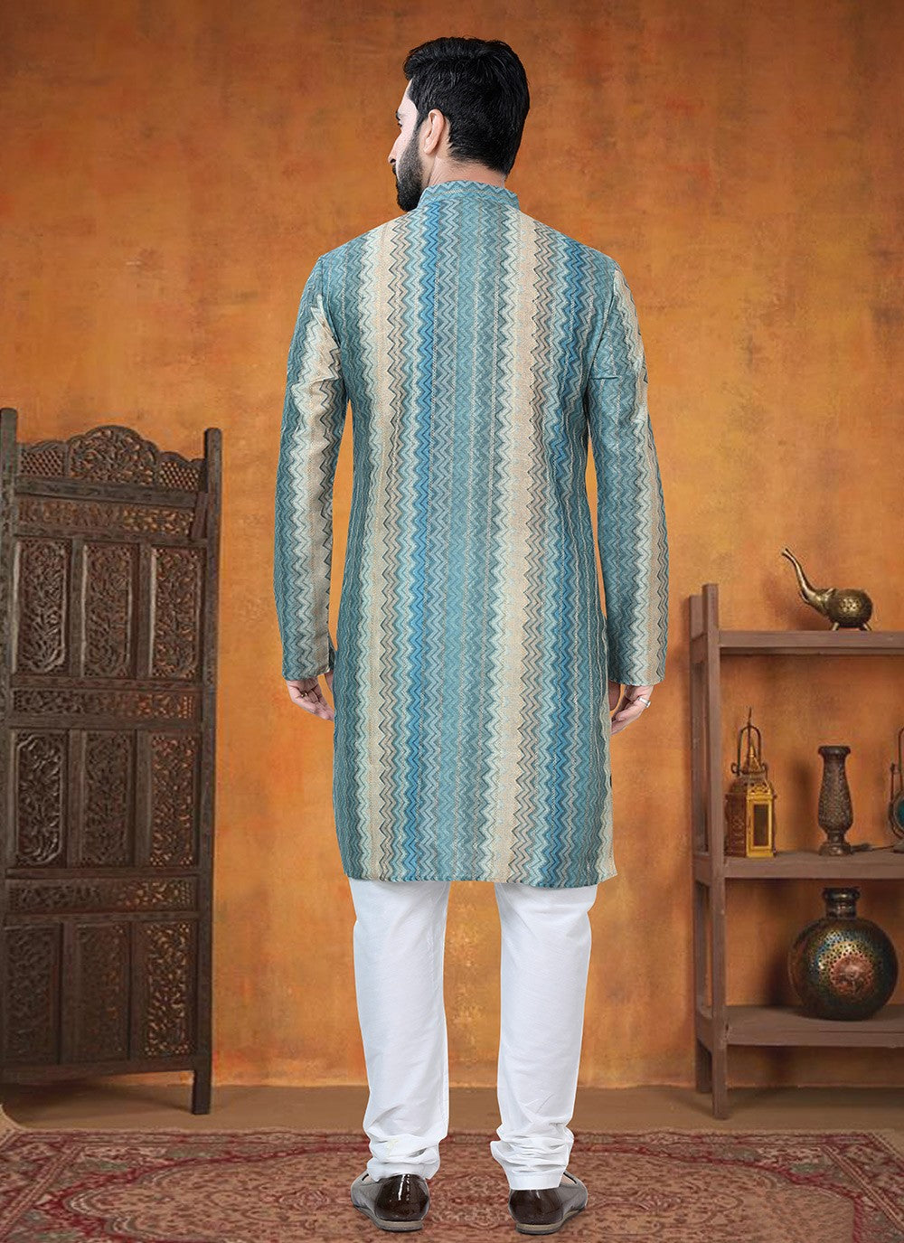 Printed Jacquard Blue, Green Kurta Pyjama - M8800