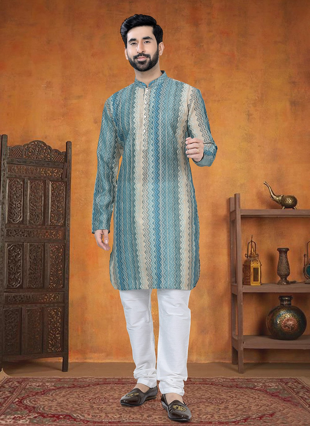 Printed Jacquard Blue, Green Kurta Pyjama - M8800