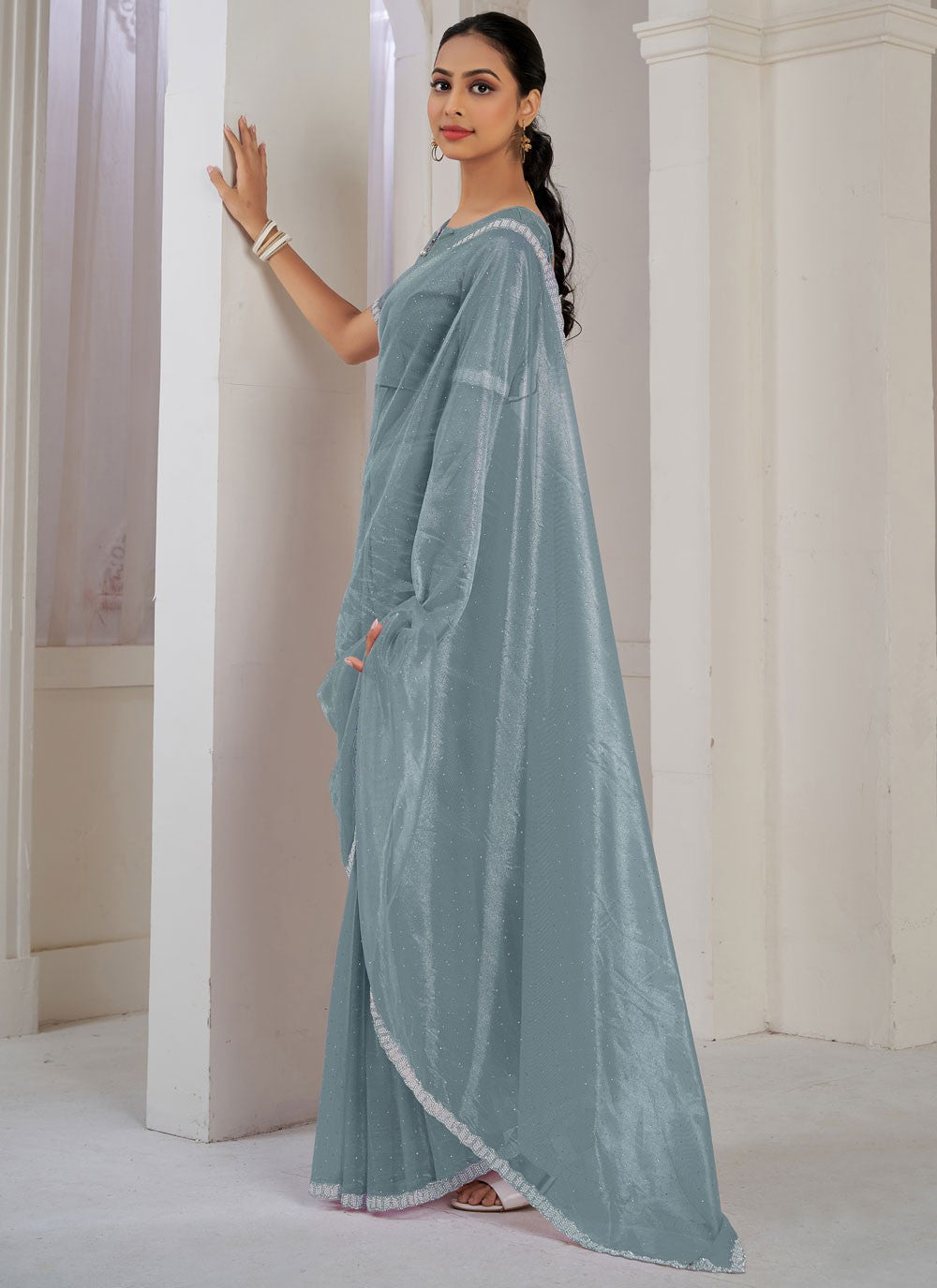 Designer Cutdana Net, Organza Blue, Grey Saree - S10647