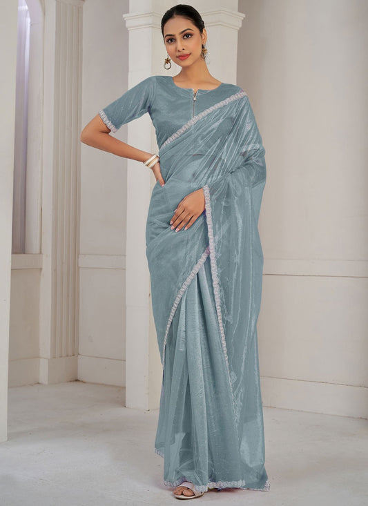 Designer Cutdana Net, Organza Blue, Grey Saree - S10647