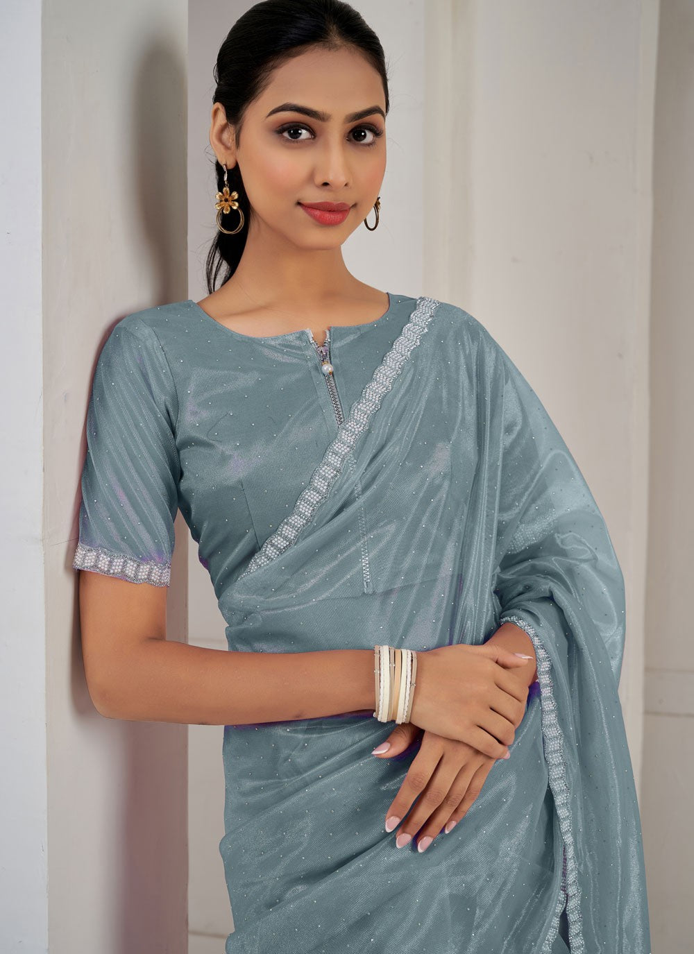 Designer Cutdana Net, Organza Blue, Grey Saree - S10647