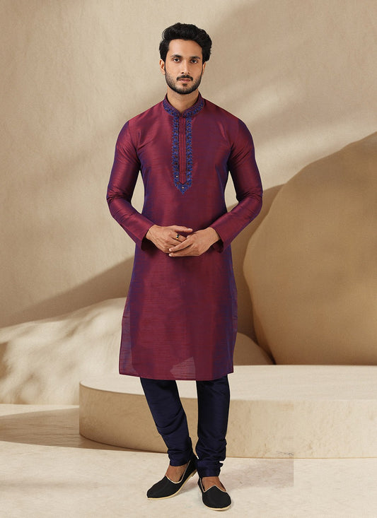 Embroidered Banarasi Silk Blue, Magenta Kurta Pyjama - M3238