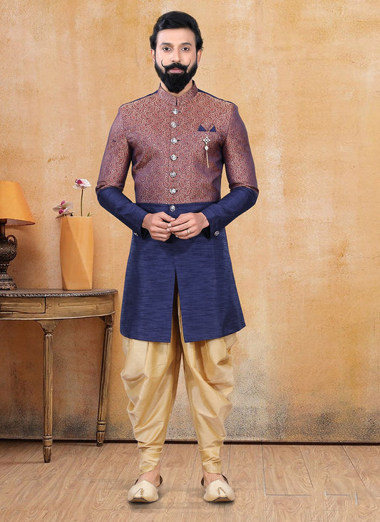 Fancy Work Jacquard Silk Blue, Maroon Dhoti Kurta - M3371