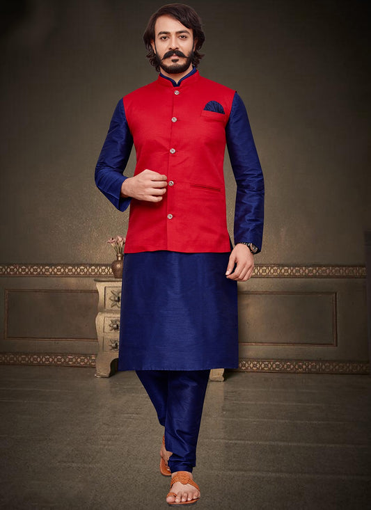 Plain Art Silk, Jute Silk Blue, Maroon Kurta Payjama With Jacket - M2043