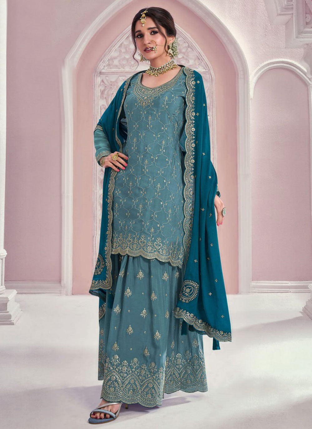 Embroidered Chinon Palazzo Suit - T4696