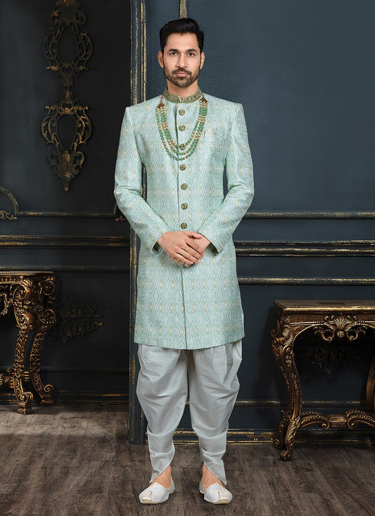 Embroidered Banarasi Jacquard Blue, Multi Colour Sherwani - M3107