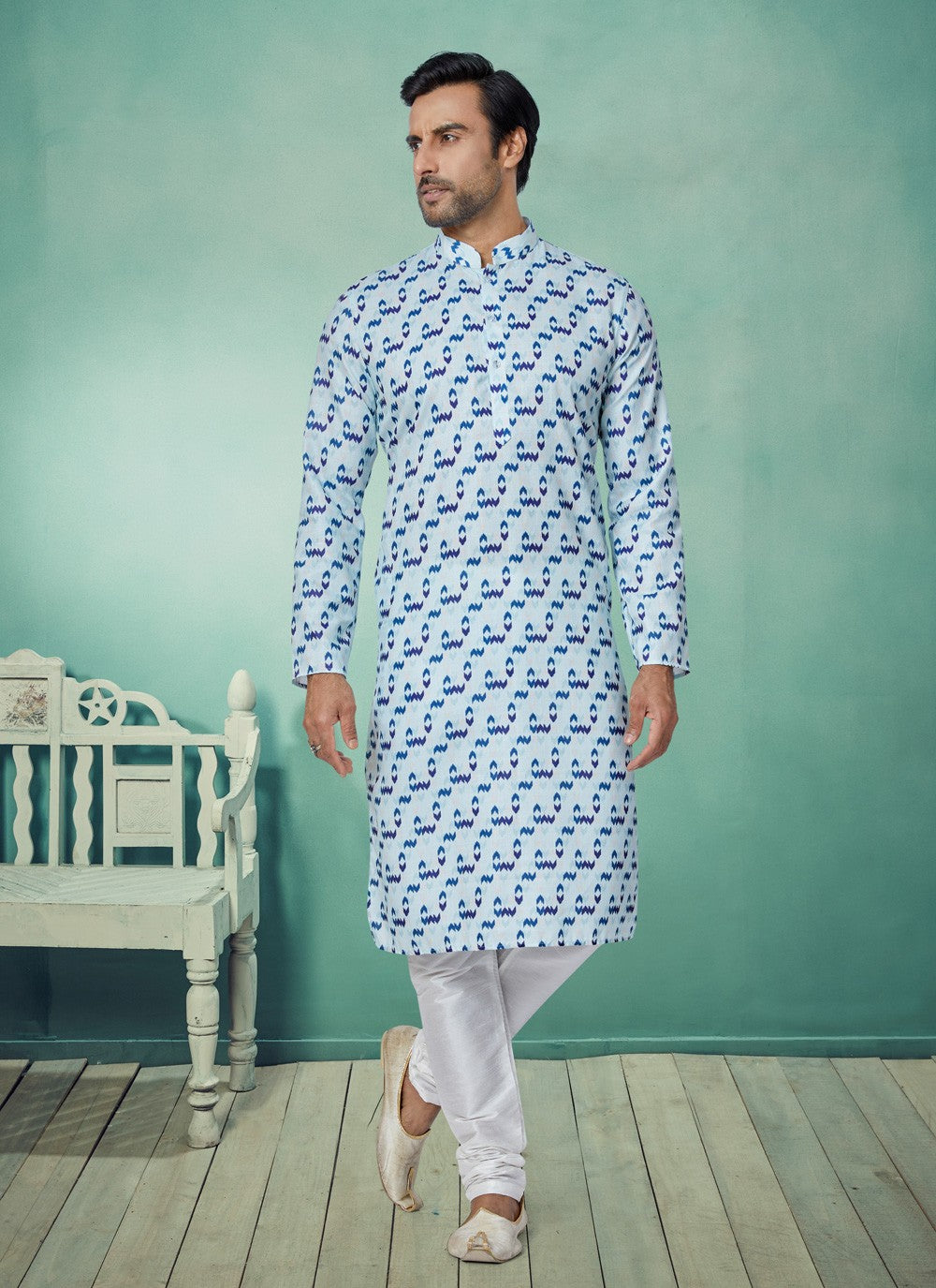 Digital Print Cotton Blue, Multi Colour Kurta Pyjama - M5072