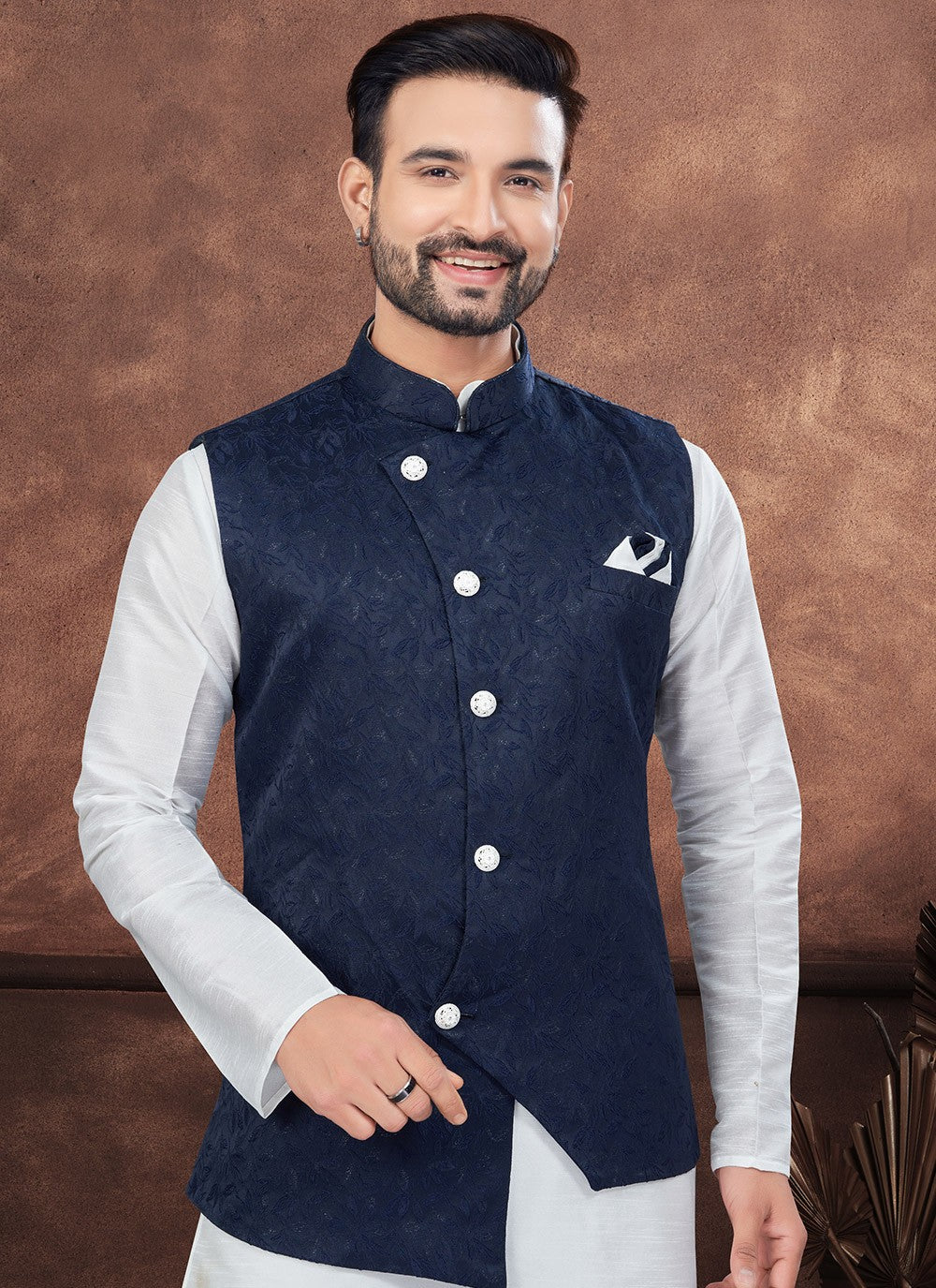 Buttons Dupion Silk, Imported, Jacquard Blue, Off White Kurta Payjama With Jacket - M8667