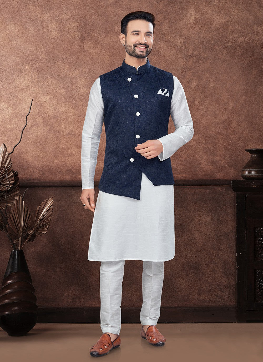 Buttons Dupion Silk, Imported, Jacquard Blue, Off White Kurta Payjama With Jacket - M8667