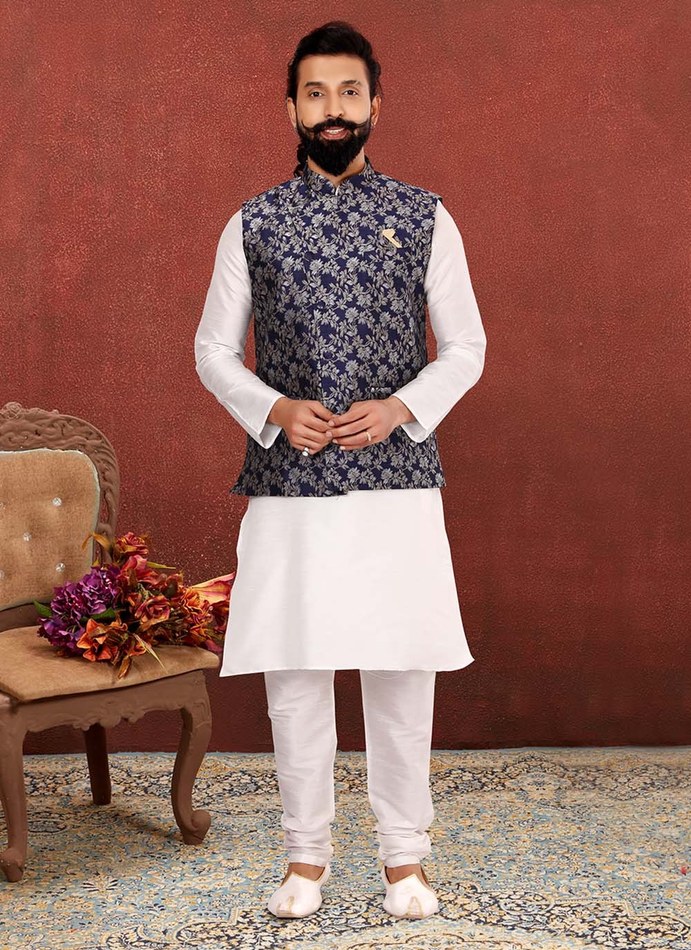 Jacquard Work Dupion Silk, Jacquard Silk Blue, Off White Kurta Payjama With Jacket - M2543