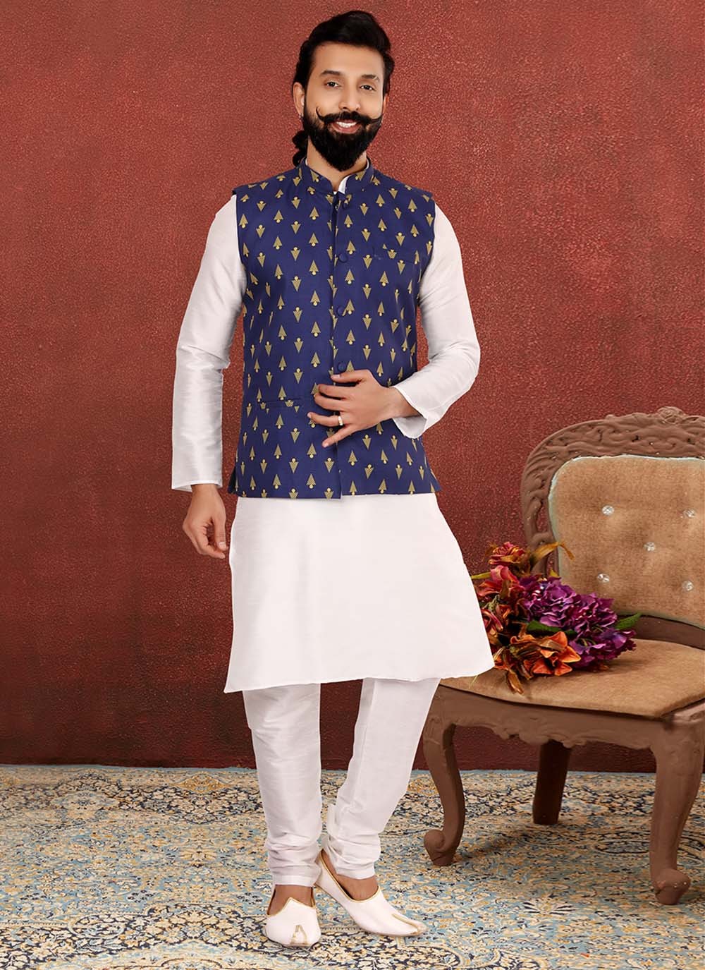 Jacquard Work Cotton Blue, Off White Kurta Payjama With Jacket - M2567