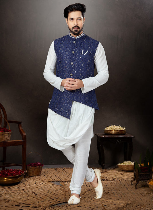 Embroidered Dupion Silk, Jacquard Blue, Off White Kurta Payjama With Jacket - M4765