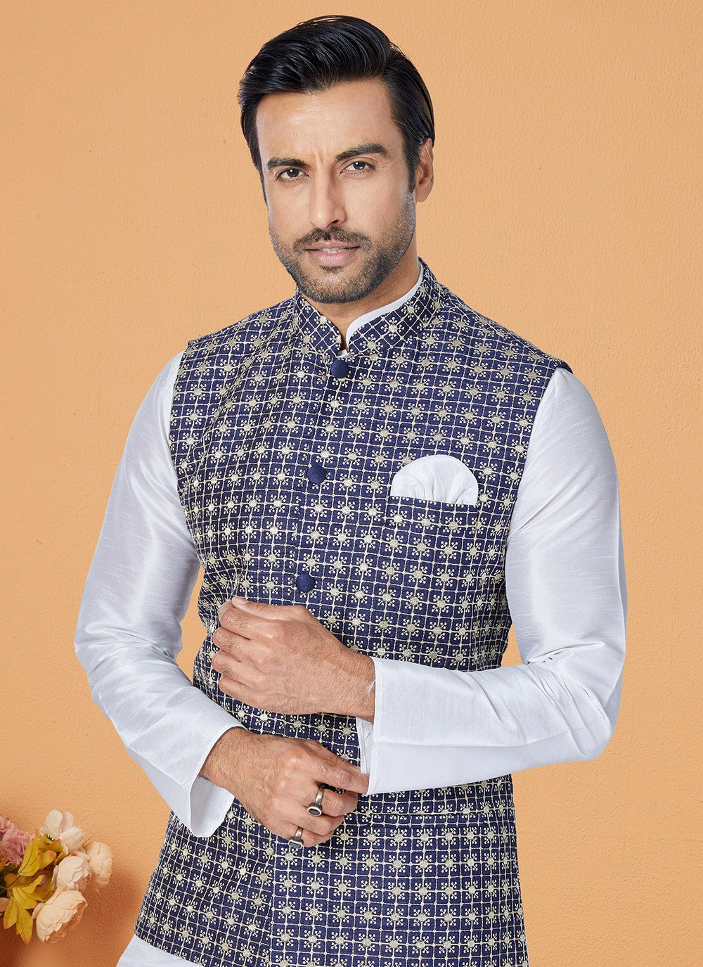 Fancy Work Banarasi Silk Blue, Off White Kurta Payjama With Jacket - M5312