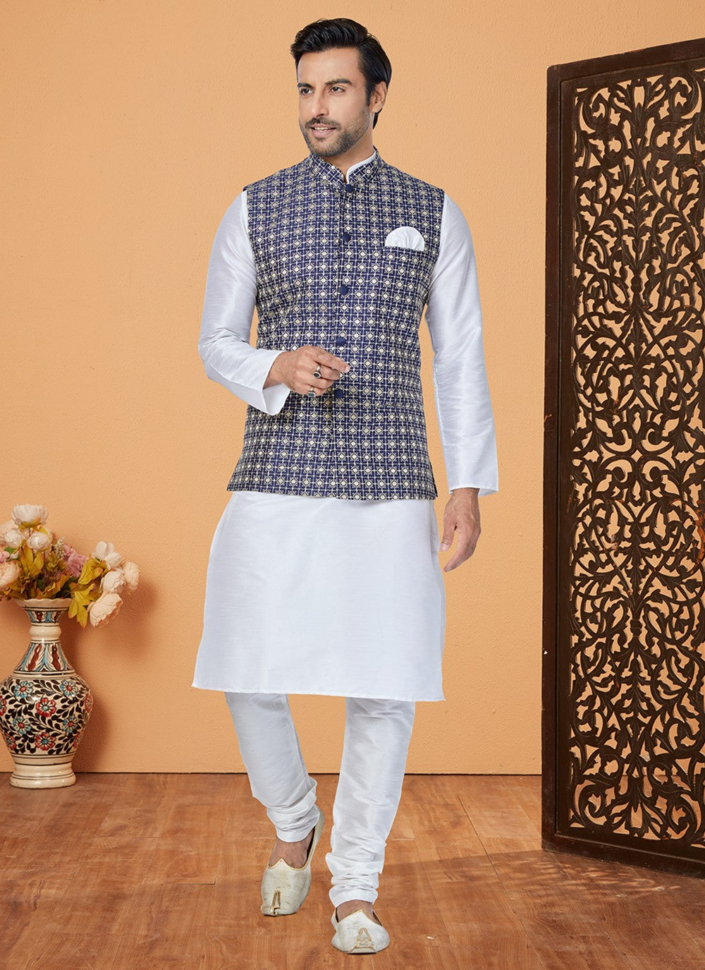 Fancy Work Banarasi Silk Blue, Off White Kurta Payjama With Jacket - M5312