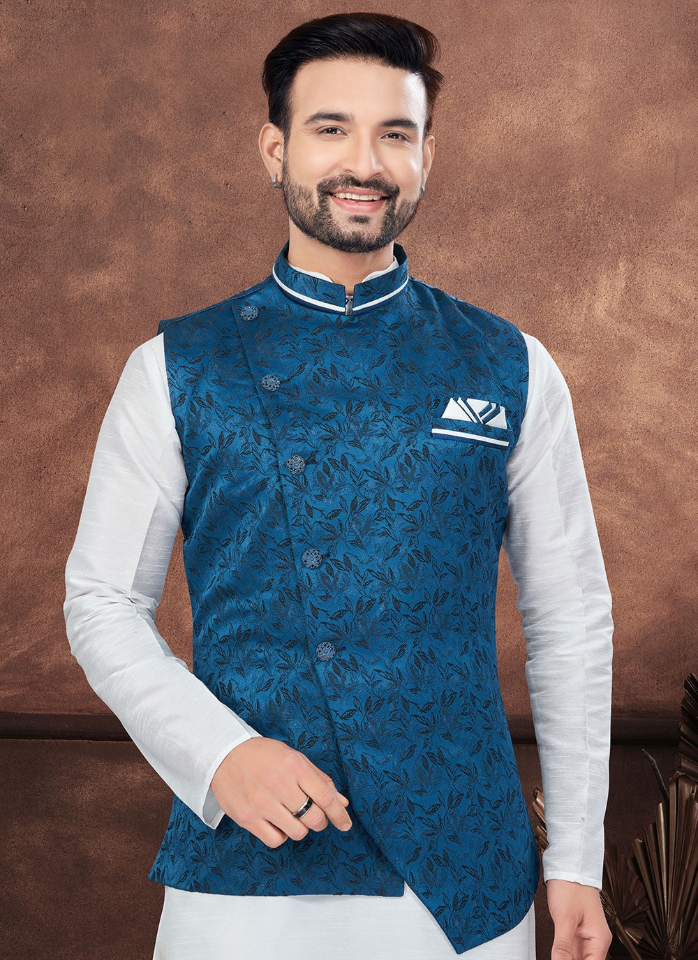 Buttons Dupion Silk, Imported, Jacquard Blue, Off White Kurta Payjama With Jacket - M8666