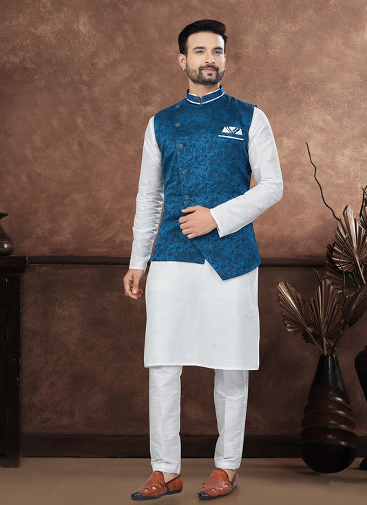 Buttons Dupion Silk, Imported, Jacquard Blue, Off White Kurta Payjama With Jacket - M8666