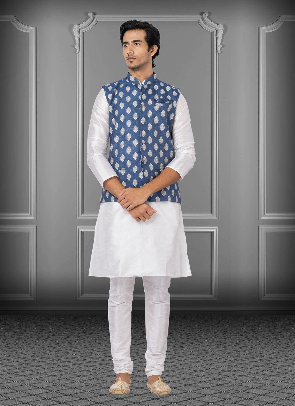 Fancy Work Dupion Silk, Jacquard Silk Blue, Off White Kurta Payjama With Jacket - M3772