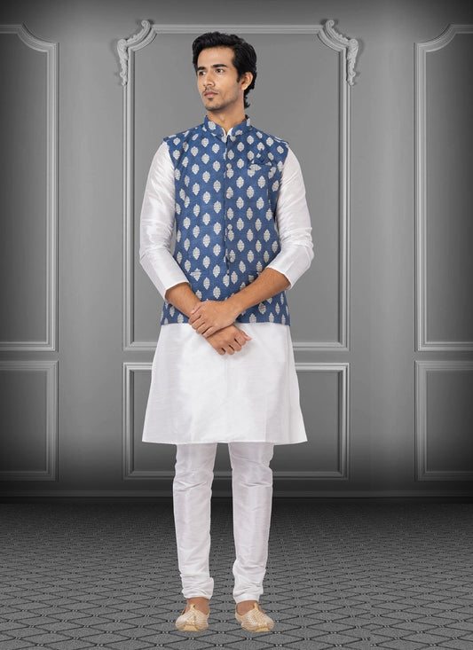 Fancy Work Dupion Silk, Jacquard Silk Blue, Off White Kurta Payjama With Jacket - M3772