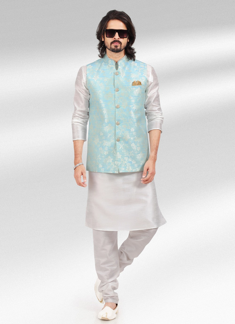 Fancy Work Banarasi Jacquard Blue, Off White Kurta Payjama With Jacket - M4592