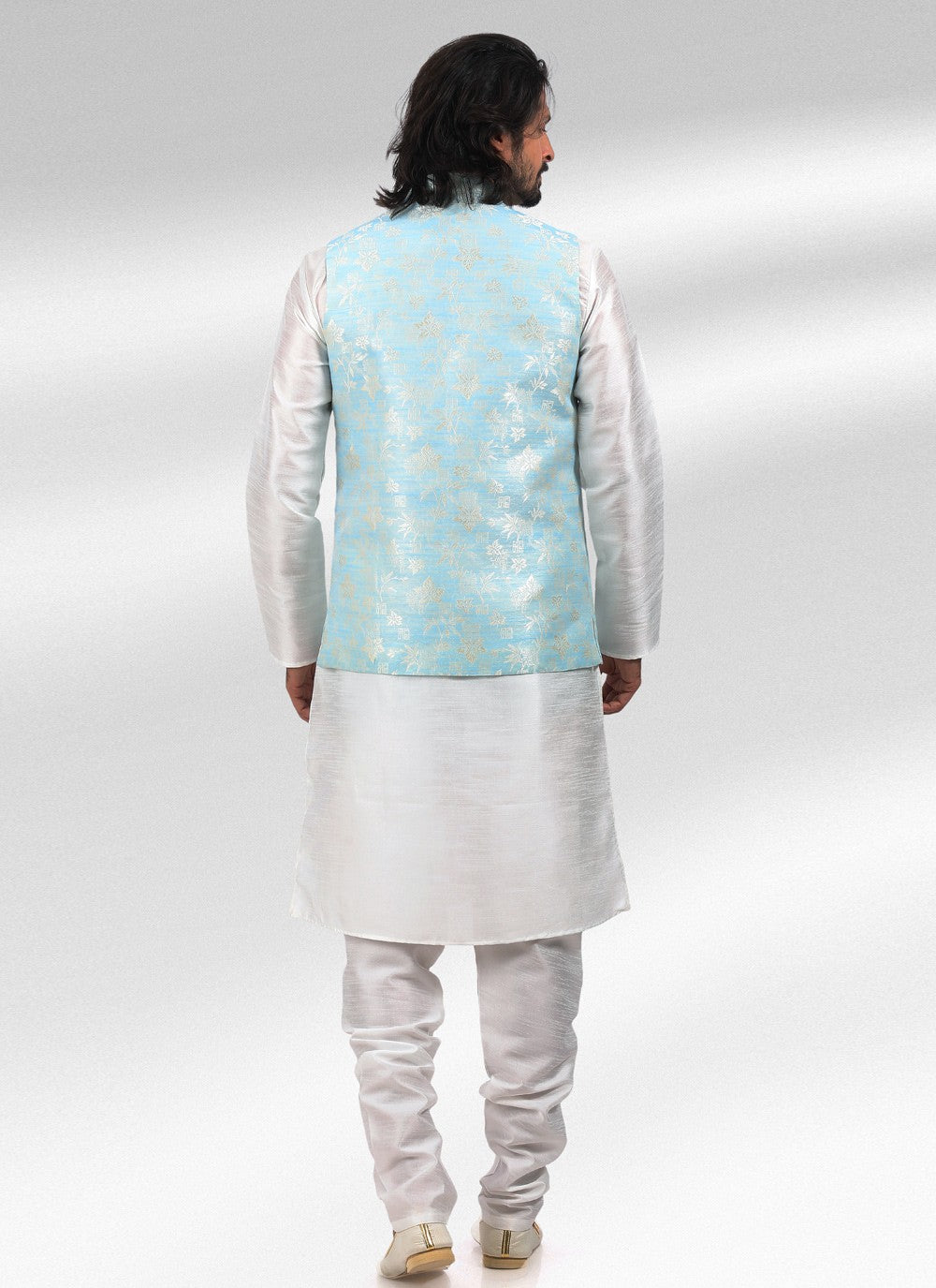 Fancy Work Banarasi Jacquard Blue, Off White Kurta Payjama With Jacket - M4592