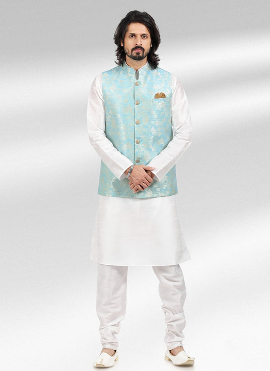 Fancy Work Banarasi Jacquard Blue, Off White Kurta Payjama With Jacket - M4592