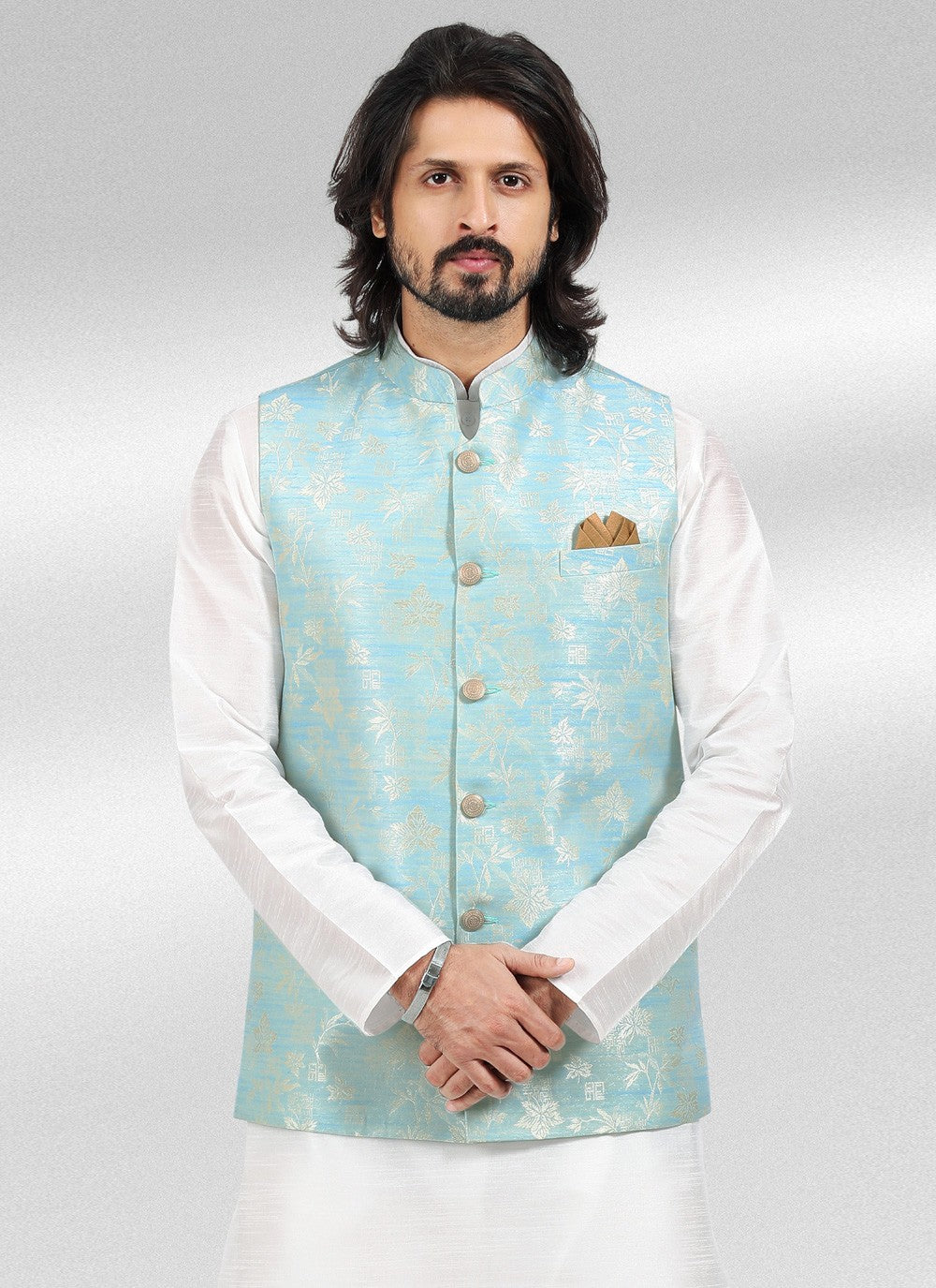 Fancy Work Banarasi Jacquard Blue, Off White Kurta Payjama With Jacket - M4592