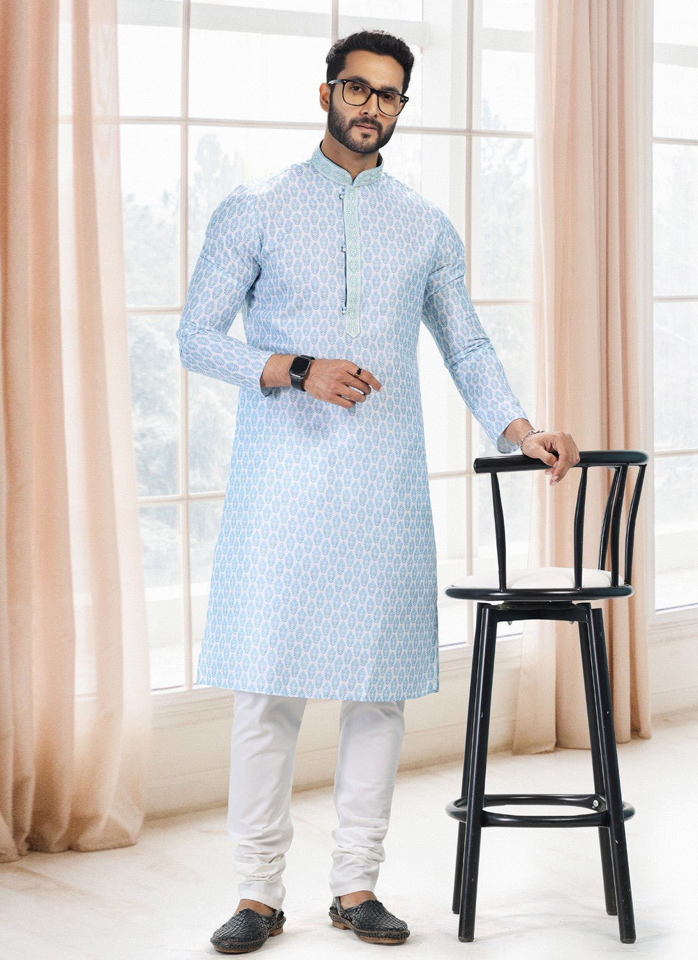 Fancy Work Cotton Blue, Off White Kurta Pyjama - M5117