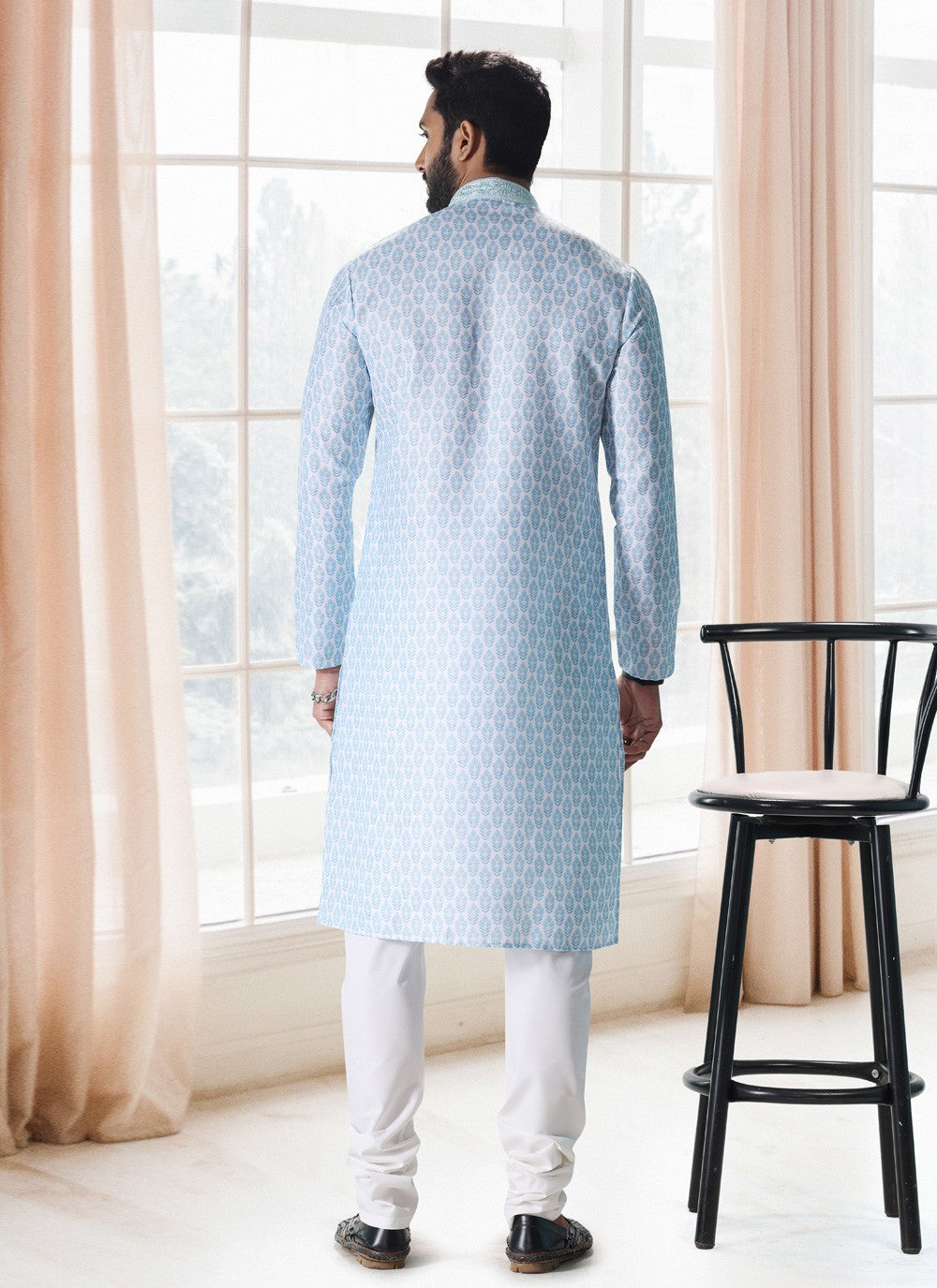 Fancy Work Cotton Blue, Off White Kurta Pyjama - M5117