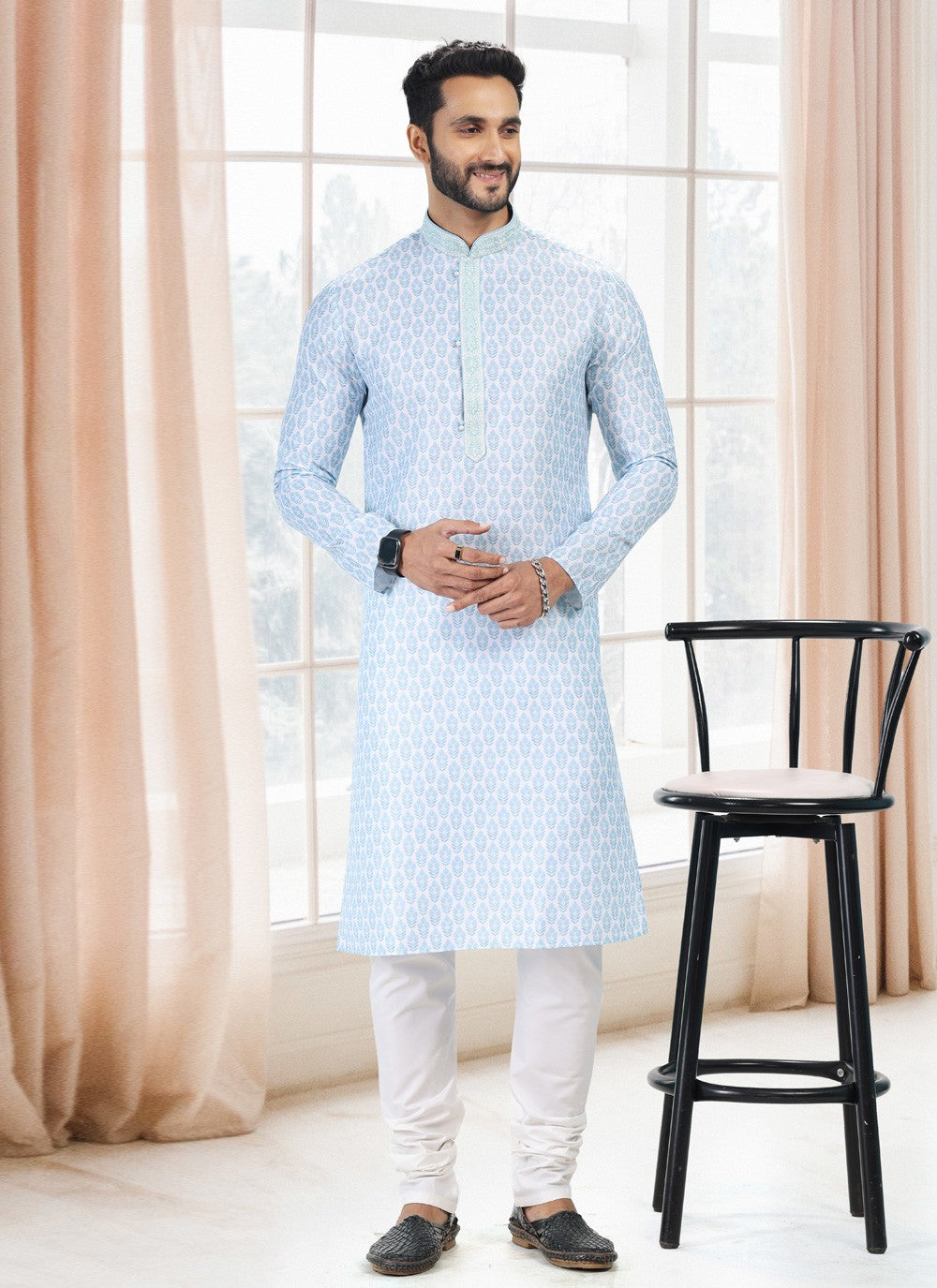 Fancy Work Cotton Blue, Off White Kurta Pyjama - M5117