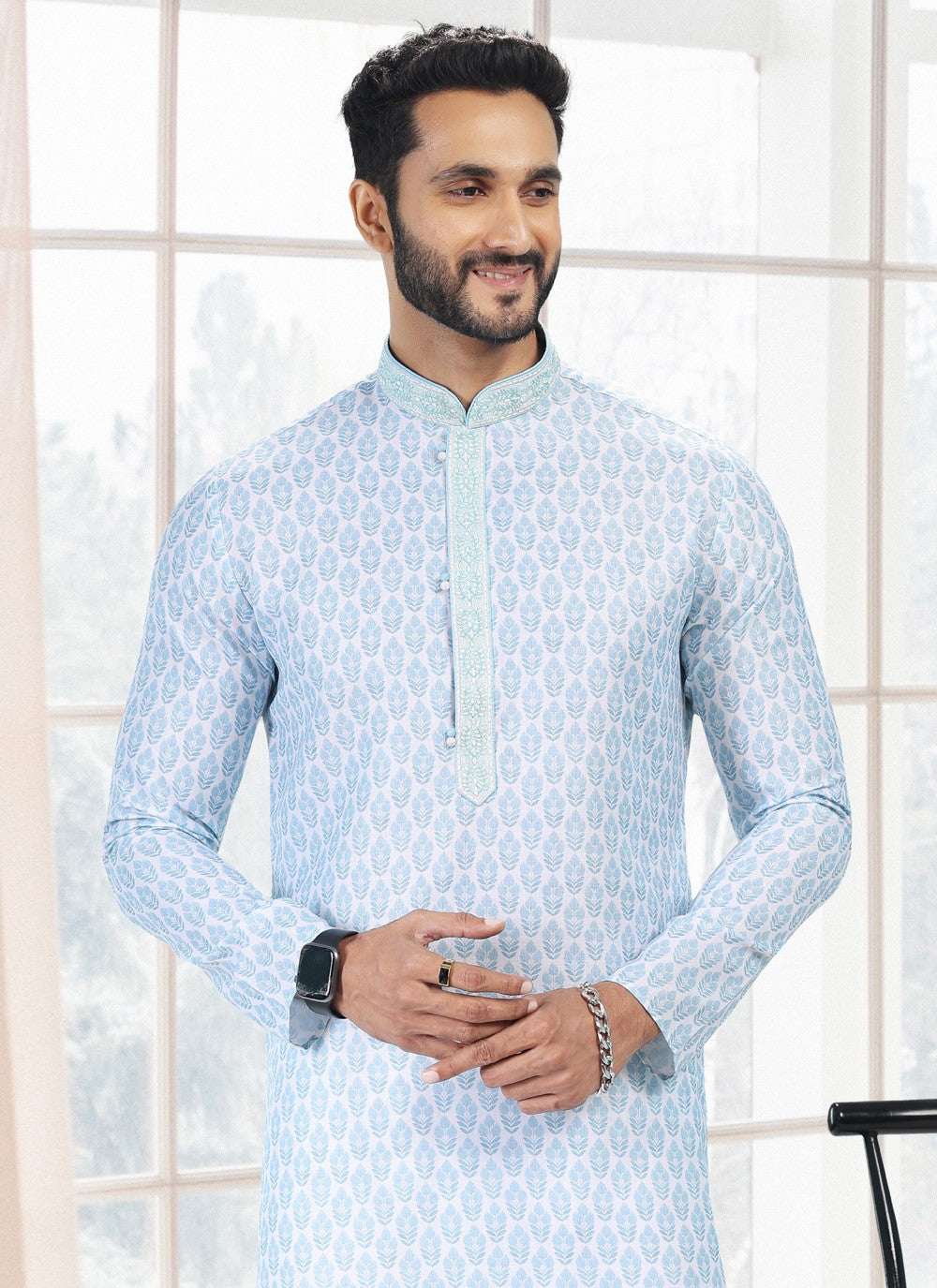 Fancy Work Cotton Blue, Off White Kurta Pyjama - M5117