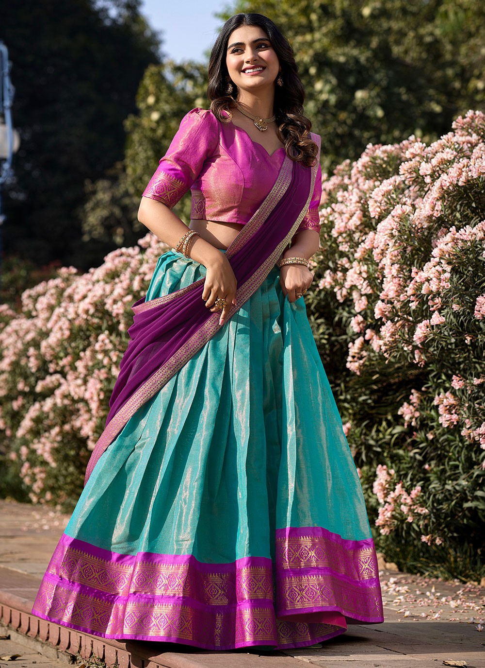 Weaving Zari Kanchipuram Silk A - Line Lehenga - L1774