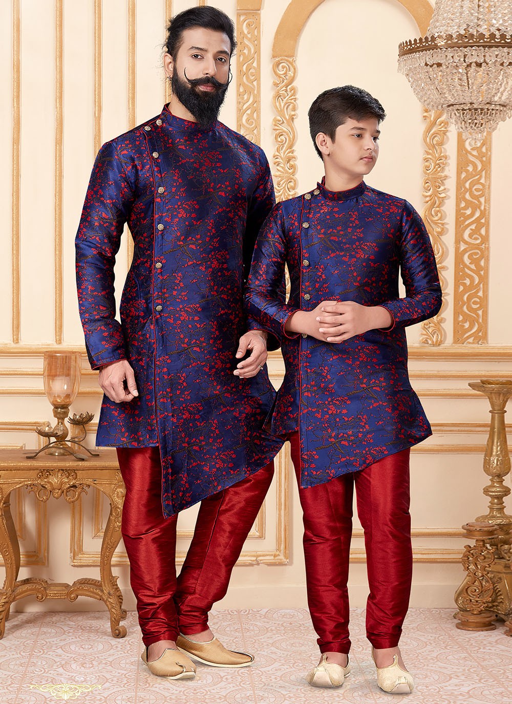 Woven Jacquard Silk Blue, Red Indo Western - M1927